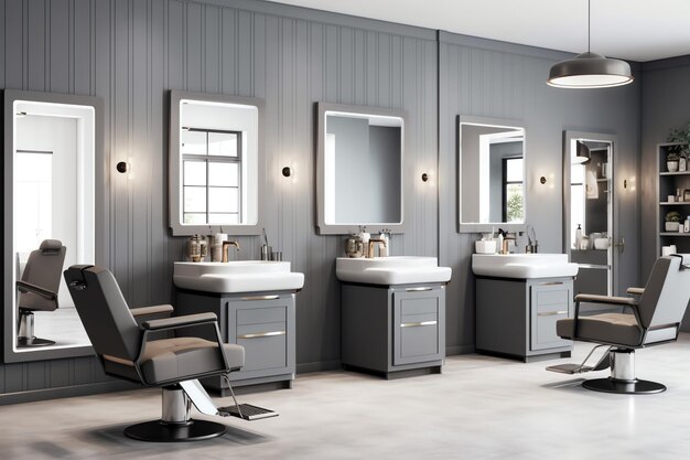 Interior moderno de barbería con silla de espejos y otros equipos cerca de ventanas Sillas en barbería