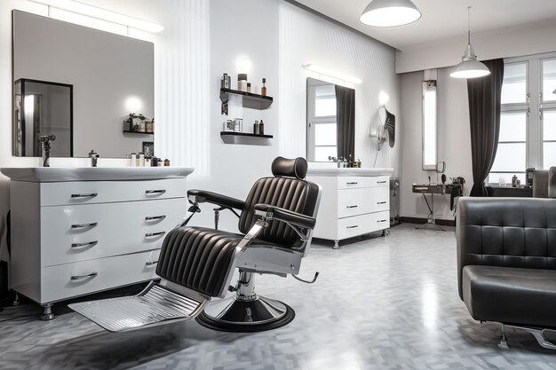 Interior moderno de barbería con silla de espejos y otros equipos cerca de ventanas Sillas en barbería