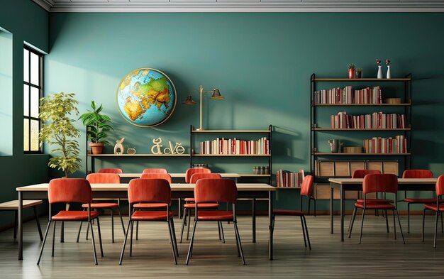 Interior moderno de la biblioteca con estantería y sillas rojas y mesa con globo a bordo