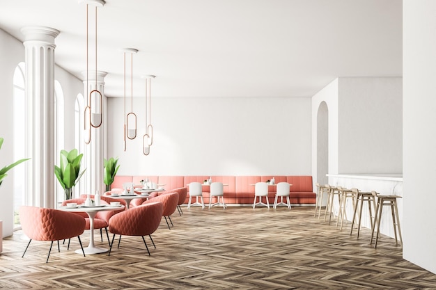 Interior moderno de café con paredes blancas, suelo de madera y filas de mesas redondas con sillas rosas cerca de ellas. Un bar. representación 3d