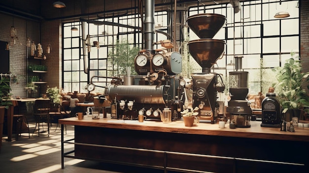 Interior moderno de una cafetería con máquina de espresso industrial y muebles de madera