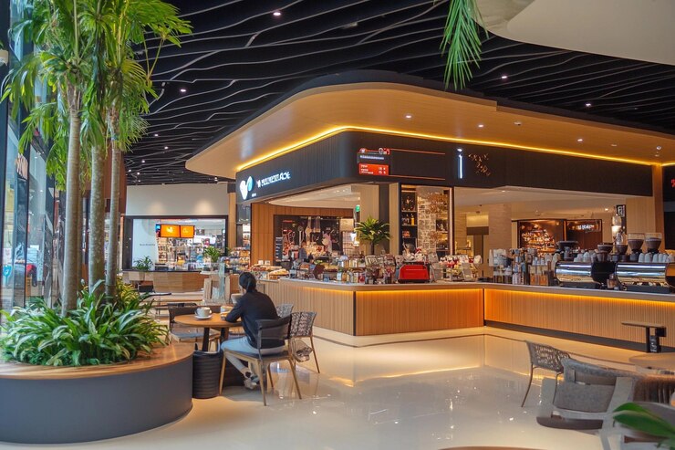 Interior moderno de cafetería con plantas exuberantes y una acogedora zona de asientos para la relajación IA generativa