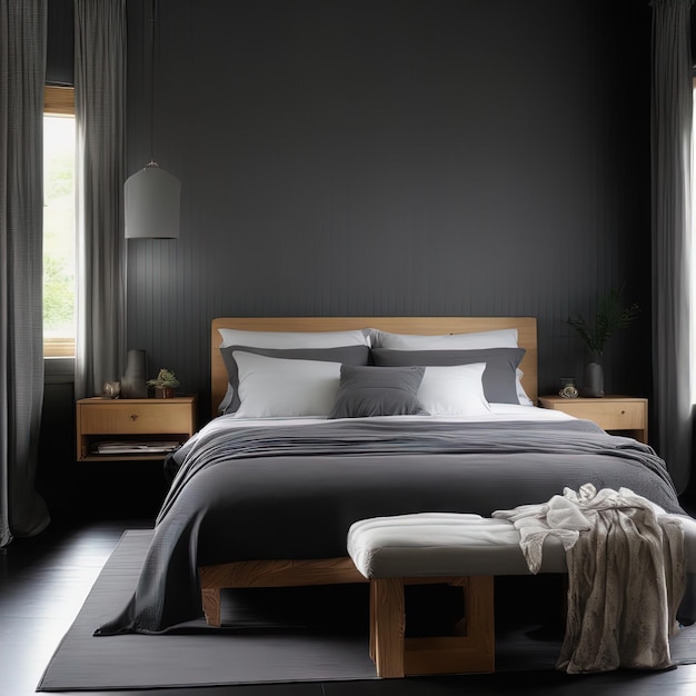 Interior moderno con cama negra y almohadas en el suelo de madera. Vista panorámica. Moderno y luminoso.
