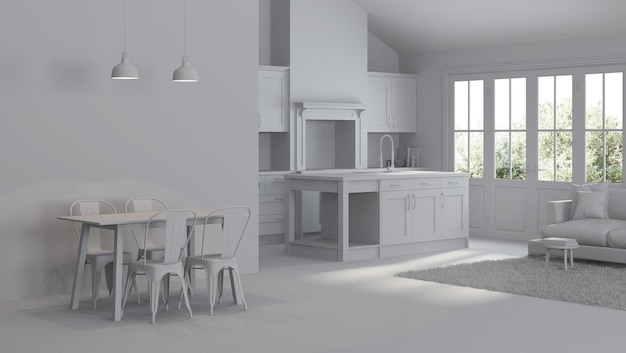 Interior moderno de una casa de campo. Refacción. Interior gris. Representación 3D.