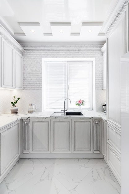 Interior moderno con cocina blanca y electrodomésticos en la casa de campo