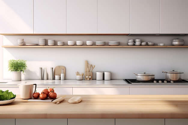 Interior moderno de cocina blanca con paredes blancas, encimeras blancas y una cocina