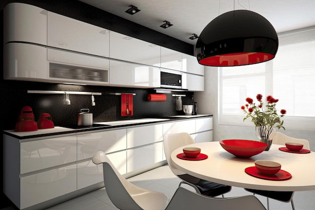 Interior moderno de cocina en blanco y negro con lámpara roja