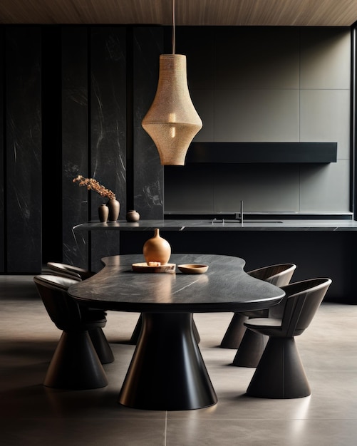 Interior moderno de cocina oscura con ajuste de la mesa de comedor