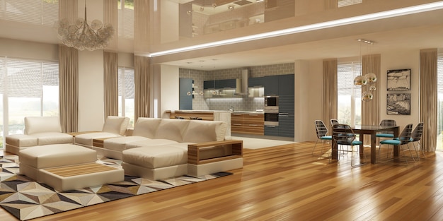 Interior moderno de cocina con sala de estar