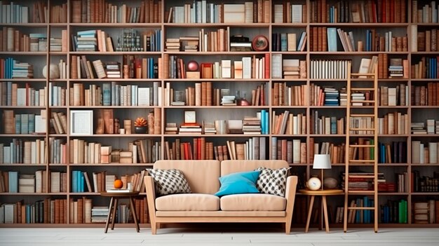 interior moderno com livros e poltrona