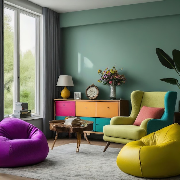 interior moderno com um sofá e um sofá uma grande mesa uma janela grande janela com um verde a l
