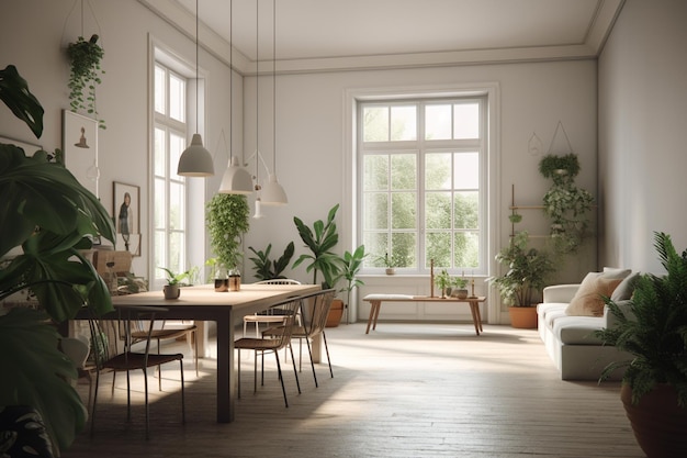 Interior moderno de comedor de madera con muebles y plantas 3D Rendering