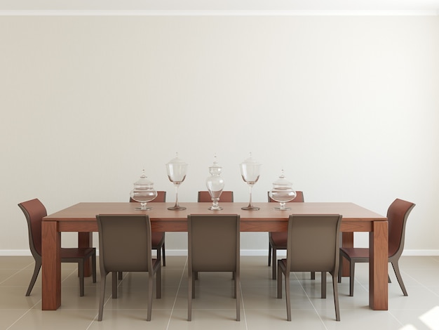 Interior moderno de comedor para ocho personas. Render 3D.