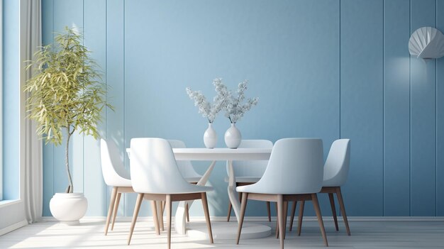 Foto interior moderno del comedor con paredes azules sillas azules claras mesa y plantas creado con ai