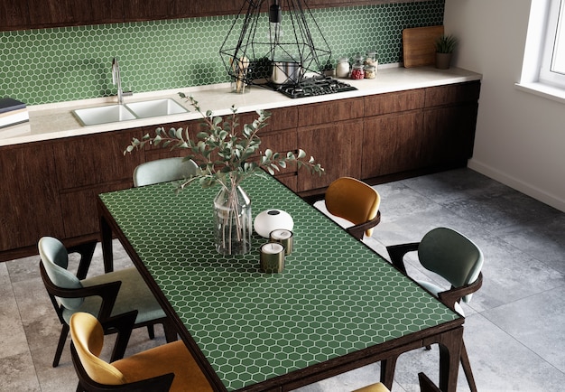 Interior de un moderno comedor con placa para salpicaduras de mosaico verde hexagonal y baldosas grises en el suelo