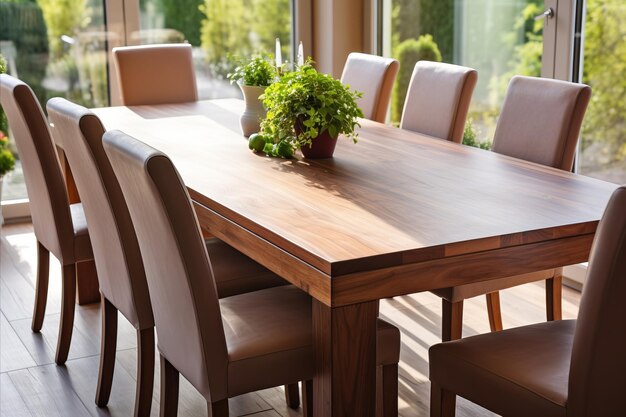 Interior moderno del comedor con sillas y mesa de madera para una decoración elegante y elegante