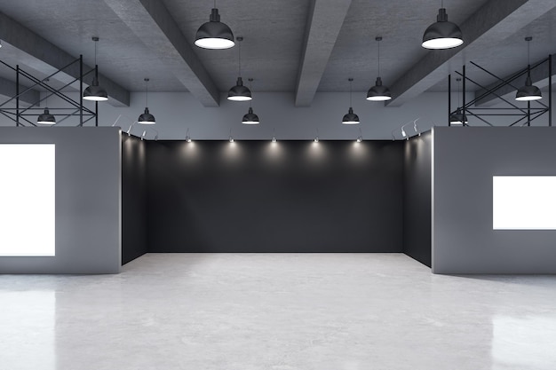 Interior moderno da galeria com banner vazio na parede Galeria anúncio apresentação conceito renderização 3D