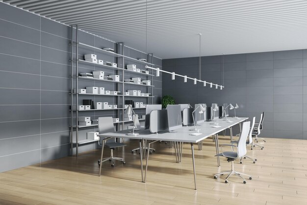 Interior moderno da sala de escritório de coworking de concreto e madeira com equipamento de luz do dia e móveis 3D Rendering