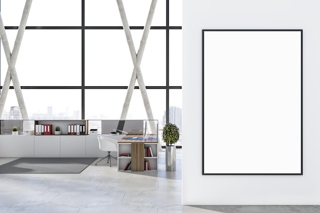 Interior moderno da sala de escritório de coworking de madeira e concreto com banner vazio simulado na moldura de janela panorâmica de móveis de parede branca com vista da cidade embaçada e renderização em 3D de equipamentos