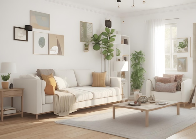Interior moderno da sala de estar com aparelho de televisão, sofá, poltrona, abajur e mesa de centro