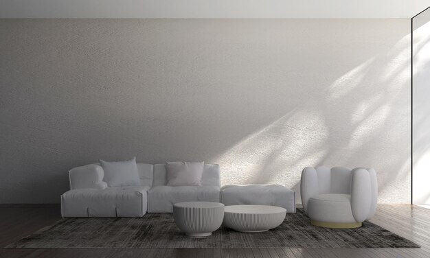 Interior moderno da sala de estar com decoração de sofá branco em fundo de parede branca vazia