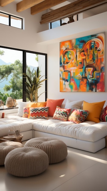 Interior moderno da sala de estar com grandes janelas e pinturas coloridas