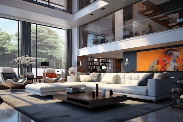 Interior moderno da sala de estar com grandes janelas