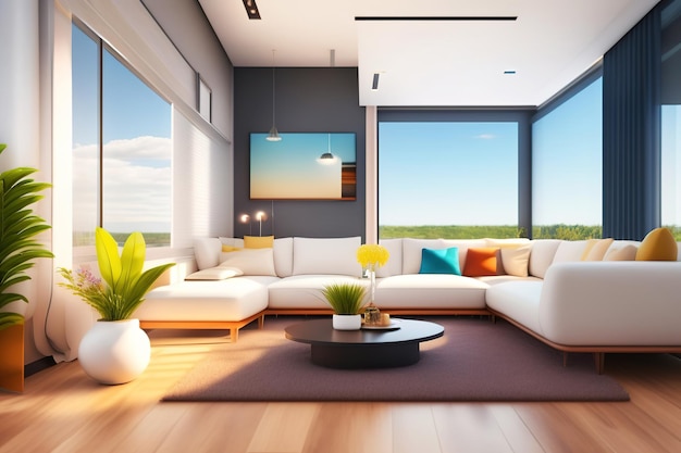 Interior moderno da sala de estar com janela grande