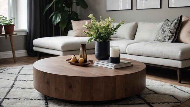 Interior moderno da sala de estar com mesa de café de madeira e sofá de cópia