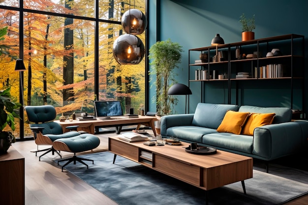 Interior moderno da sala de estar com móveis de madeira e sofagenerative ai