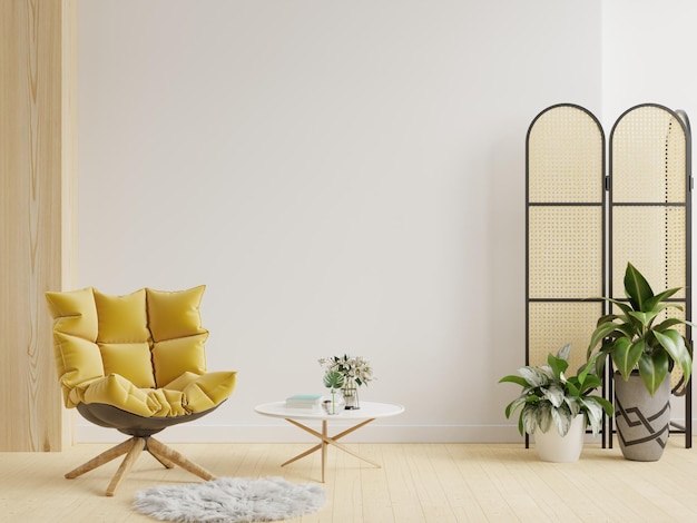 Interior moderno da sala de estar com poltrona amarela na renderização 3d branca vazia