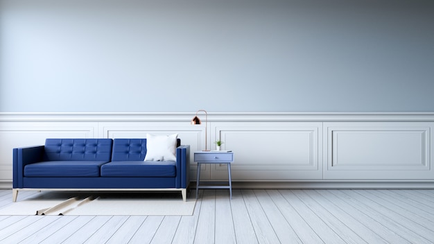 Interior moderno da sala de estar com poltronas no piso branco e parede cinza