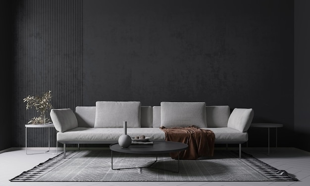 Interior moderno da sala de estar com sofá branco em fundo de parede de padrão cinza vazio