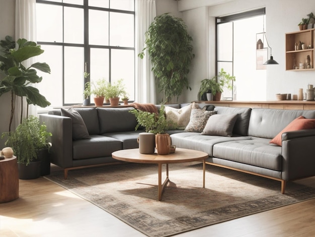 Interior moderno da sala de estar com sofá confortável e elegante gerado Ai