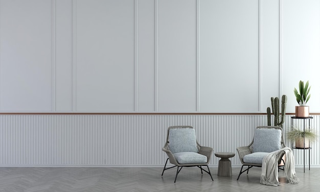 Foto interior moderno da sala de estar com sofá de rattan em fundo de parede de padrão branco vazio