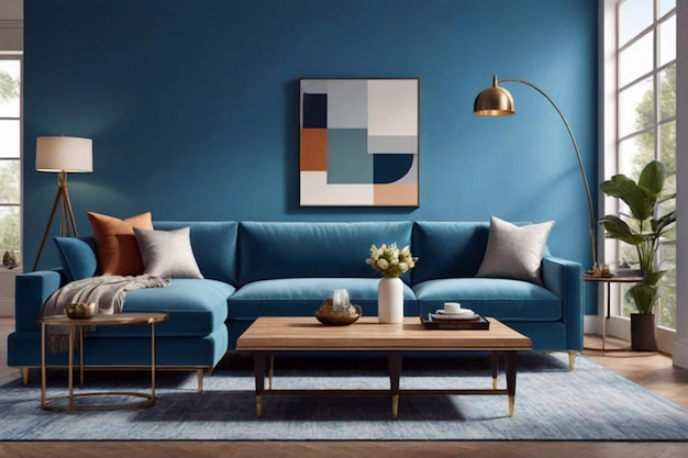 Interior moderno da sala de estar com sofá e conceito azul renderização 3D