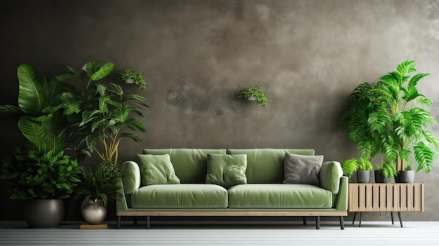 Interior moderno da sala de estar com sofá e ornamento de folha verde e design minimalista