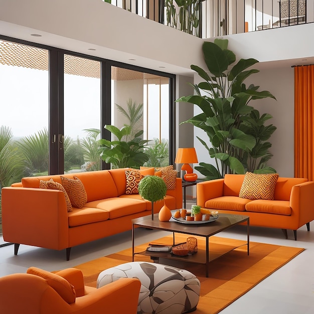 Interior moderno da sala de estar com sofá laranja e padrão geométrico gerado por IA