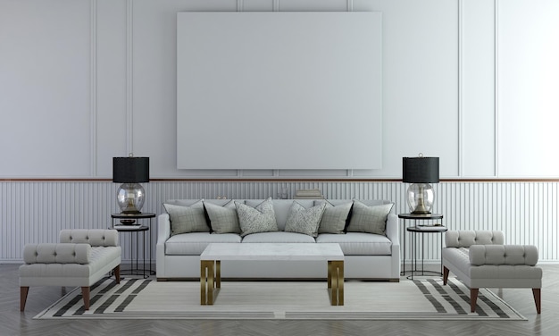 Interior moderno da sala de estar com sofá montado em fundo de parede de padrão branco vazio
