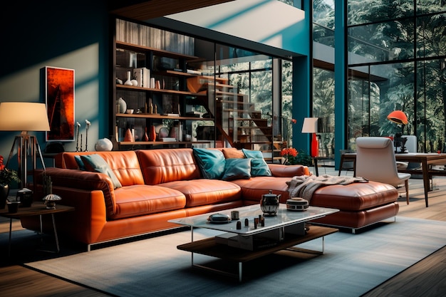interior moderno da sala de estar com um sofá e uma mesa