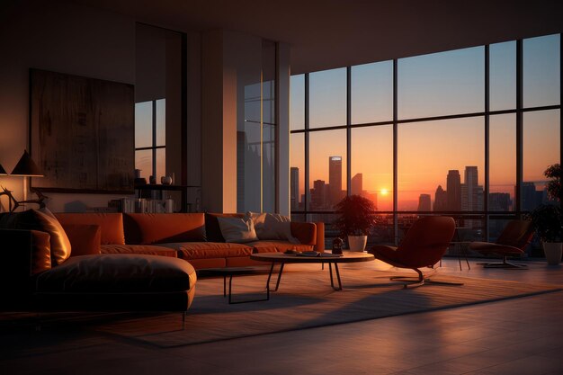 Foto interior moderno da sala de estar com uma janela panorâmica
