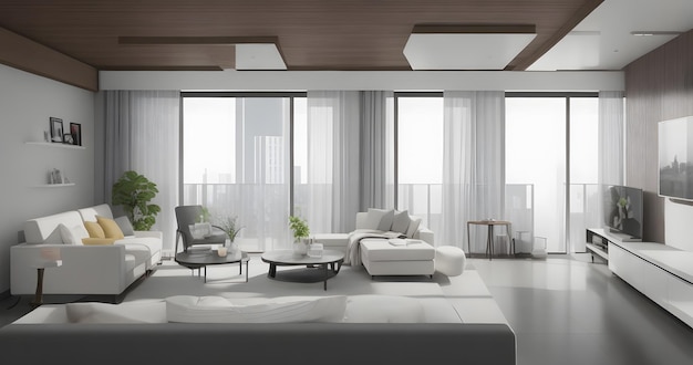 Interior moderno da sala de estar com vasos de plantas atrás do sofá e poltrona cinza