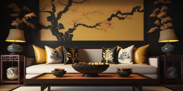 Interior moderno da sala de estar de inspiração asiática