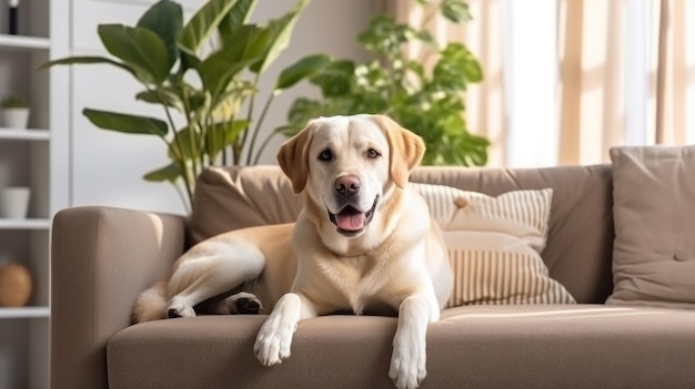 Interior moderno da sala de estar Labrador retriever dourado no sofá IA generativa