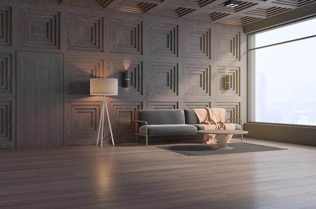 Interior moderno da sala de estar marrom com janela de móveis e vista da cidade Design e conceito de estilo Renderização em 3D