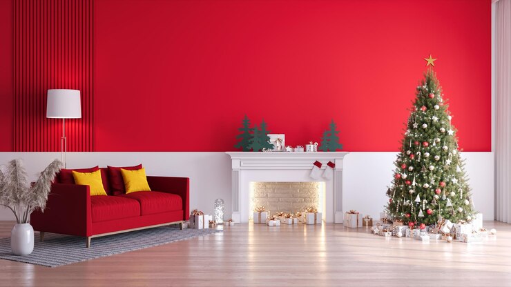 Foto interior moderno da sala de estar sofá vermelho com árvore de natal na parede branca e chão de madeira em casa para as férias3d renderização