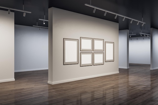 Interior moderno da sala de exposições de concreto com cartazes brancos em branco simulados na parede e piso de madeira com reflexões Conceito de arte e museu renderização em 3D