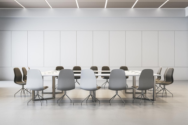 Interior moderno da sala de reuniões de concreto com renderização em 3D de móveis