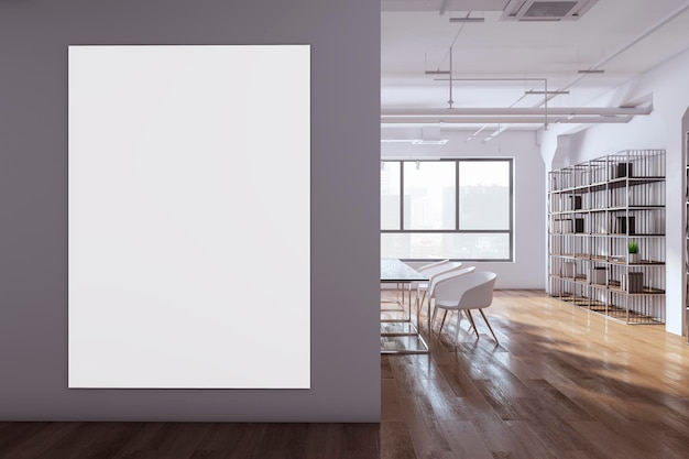 Interior moderno da sala de reuniões de loft com estantes de banners brancas vazias, móveis de piso de madeira e janela panorâmica com vista para a cidade e luz do dia 3D Rendering