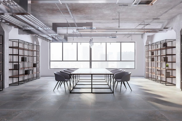 Interior moderno da sala de reuniões de loft com estantes de livros, móveis de piso de concreto e janela panorâmica com vista para a cidade e luz do dia 3D Rendering